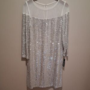 NWT R&M Richards Short Sequin Dress With Illusion Bodice Sparkle Formal Dress